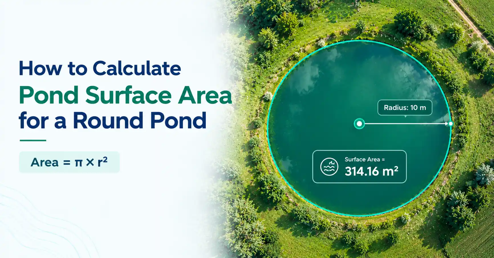 How to calculate pond surface area for a round pond using the formula Area = π × r², with a radius of 10 meters and a calculated surface area of 314.16 square meters.