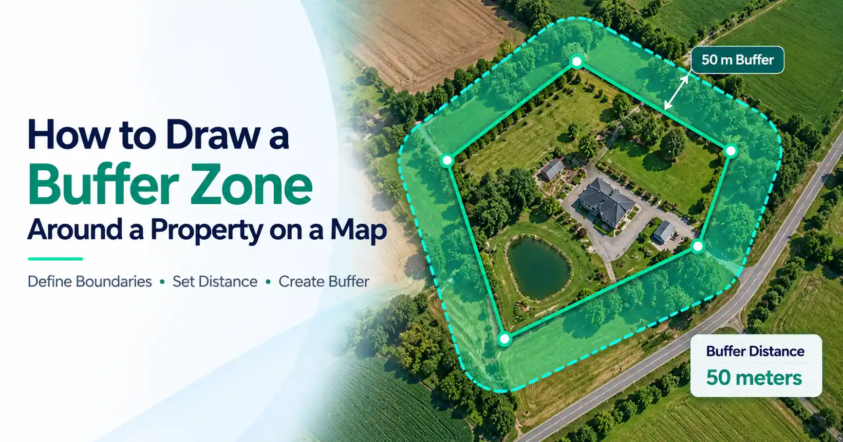 How to create a buffer zone on a map around a property, showing a 50-meter buffer boundary with a highlighted green shaded area using satellite imagery.